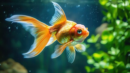 Colorful goldfish swimming gracefully in a planted aquarium filled with clear water