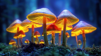 Fototapeta premium Glowing mushrooms illuminate a forest floor, creating a mesmerizing, enchanting atmosphere with vibrant colors.