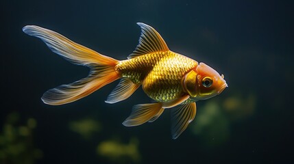 Obraz premium Graceful goldfish swimming in a dark aquarium filled with vibrant aquatic life