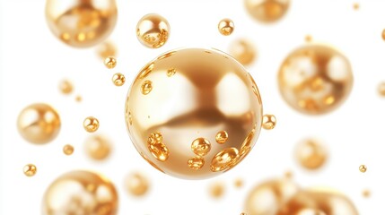 An abstract composition of golden spheres floating against a bright white background, evoking a sense of luxury and elegance.