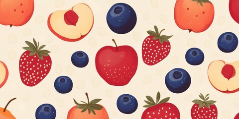 This minimalistic pattern showcases vibrant fruits like juicy oranges, sweet strawberries, and plump blueberries, ideal for playful designs that brighten any project with a cheerful touch