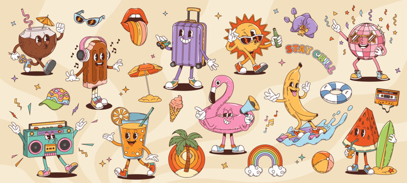 Retro cartoon groovy leisure and travel characters. Psychedelic hippy summer vacation vector personages of palm, sun, sea beach ball and umbrella. Groovy cocktail, ice cream and suitcase characters