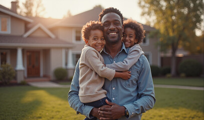 A happy father embraces his two young children, all smiling, outside their cozy suburban home at sunset, showcasing a moment of family love and warmth.