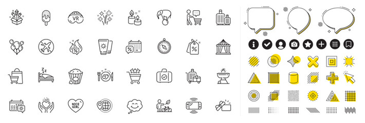 Set of Balloons, Fireworks rocket and Smile line icons for web app. Design elements, Social media icons. Airplane mode, World travel, Baggage cart icons. Vector