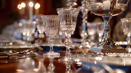 The dining room table is set for a formal dinner complete with crystal glasses and silver candlesticks transporting visitors back to a time of elaborate dinners and social gatherings.