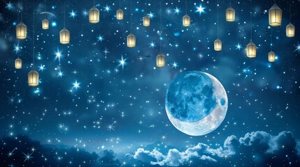 Ramadan celebration  crescent moon illuminates starry night with lanterns in the sky