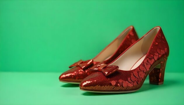 Ruby red wizard of oz slippers on an emerald green background with copy space