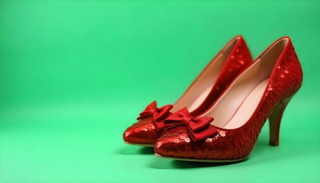 Ruby red wizard of oz slippers on an emerald green background with copy space