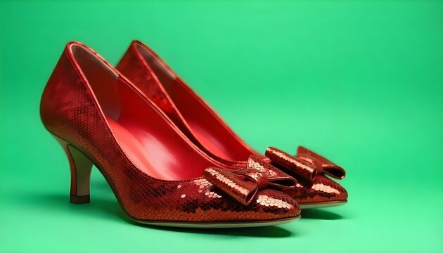 Ruby red wizard of oz slippers on an emerald green background with copy space