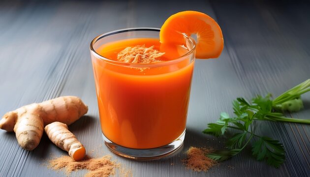  Freshly squeezed zesty carrot juice is served in a clear glass garnished with an orange sli_1(1211)