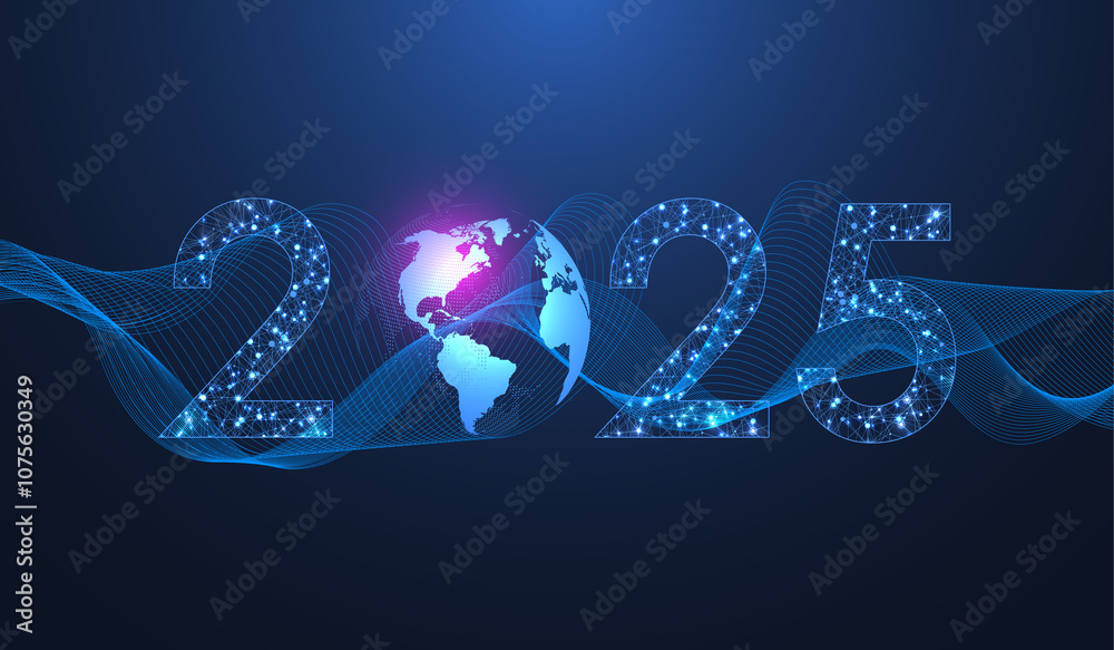 Poster Digital technology abstract poster template 2025 with circuit board texture. Tech digital banner or header 2025 New year