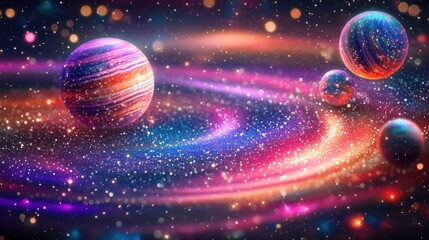 A mesmerizing cosmic scene featuring colorful planets and swirling galaxies in a vibrant starry backdrop.