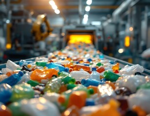 Recycling Facility with Robotic Arms Sorting Plastic Waste on Conveyor Belt – High-Tech Waste Processing and Efficiency