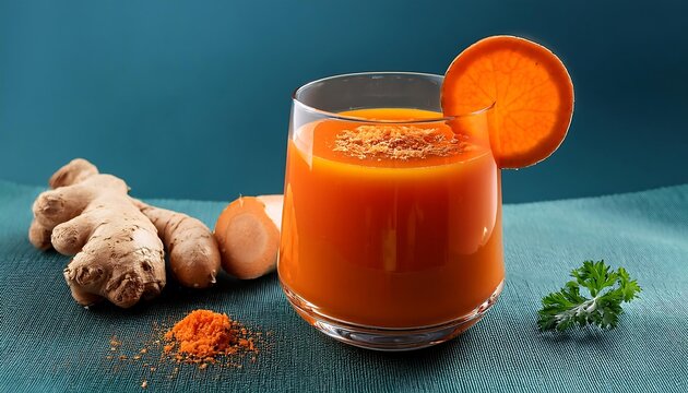  Freshly squeezed zesty carrot juice is served in a clear glass garnished with an orange sli_1(1210)