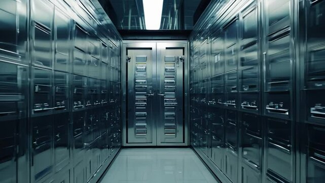 Camera moving through hallway of metallic security deposit boxes Swiss Bank Vault