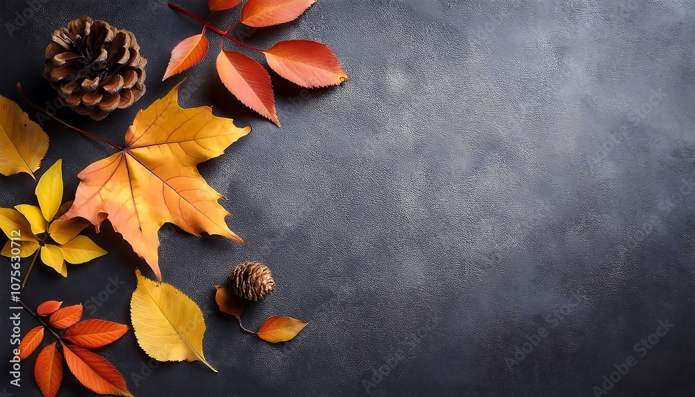 Poster flat lay background with autumnal hues on a grey slate texture, ideal for design elemen_1(1183)
