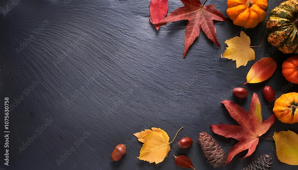 Poster flat lay background with autumnal hues on a grey slate texture, ideal for design elements a_1(1181)