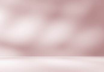 Empty brownish with pink undertone room studio with sunlight effect shadow for product presentation. Minimal backdrop design. Cosmetic, beauty and fashion showroom. Summer background mock up.