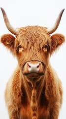 Close-up portrait of a Highland cow with distinctive shaggy fur against a plain white background showcasing its captivating expression