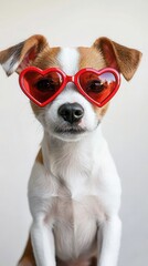 Cool Jack Russell Terrier wearing stylish heart-shaped sunglasses against a white background showcasing its adorable personality
