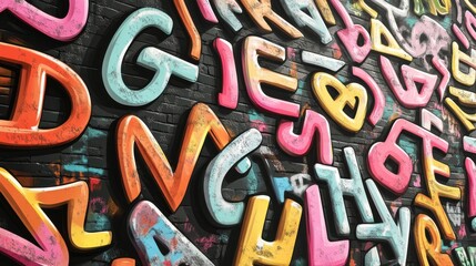 Fototapeta premium Colorful 3D letters in vibrant hues create a dynamic wall mural, adding energy to the urban space.