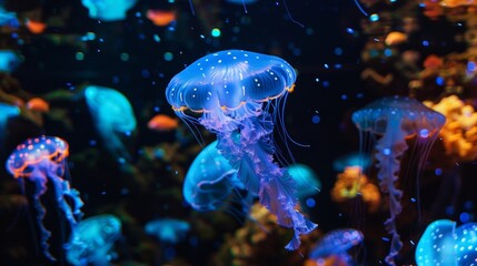 Fototapeta premium A darkened room with glowing fish tanks displaying bioluminescent creatures such as anglerfish and deepsea jellyfish.