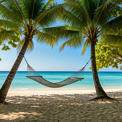  Beautiful landscape of a tropical beach with two unchanging palm trees, where there is a hammock hanging. A sense of summer, holiday, and enjoyment is created by the calm environment.