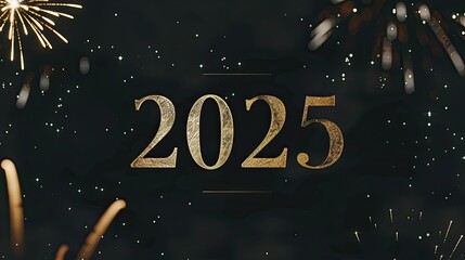 Elegant New Year's Banner with Gold 2025 and Sparkling Fireworks on Black Background