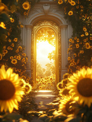 Golden Archway Surrounded by Sunflowers Leading to a Sunlit Pathway, Enchanted Floral Gate with Golden Light and Vibrant Sunflowers at Sunset