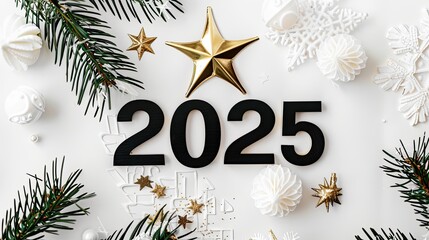 Elegant 2025 New Year Composition with White and Gold Decorations