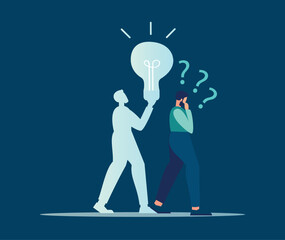 Process problem solving characters holding icons key and lock, work and success trophy, question problem and solution idea light bulb. vector business illustration shadow. hint in self growth