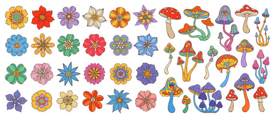 Groovy flowers and mushrooms in vibrant colors. Vector set featuring whimsical blossoms and psychedelic fungi plants, eclectic and playful blooms with bright petals and mushrooms in hippie boho style © Buch&Bee