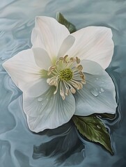 A single white flower with a green center floats on rippling blue water, with water droplets on the petals.