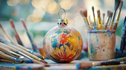 Hand-painted Christmas ornament surrounded by artistic brushes