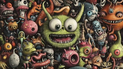 Fototapeta premium A vibrant and whimsical collection of colorful monsters, featuring a large green creature with big eyes and a wide grin.