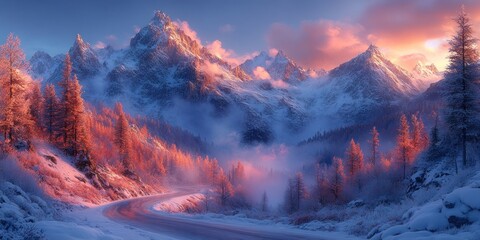 A winding road leads through a snowy mountain valley with a pink sunrise and fog.