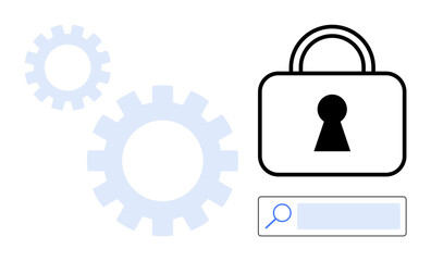 Gear wheels and lock icon with keyhole and search bar. Represents cybersecurity, data protection, privacy, technology, and system security. Ideal for tech platforms, educational tools, corporate