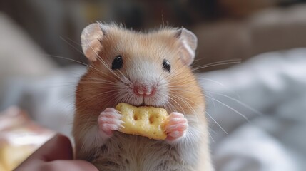 Fototapeta premium A cute hamster enjoying a crunchy snack in a cozy indoor setting