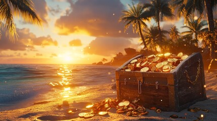 Obraz premium A treasure chest full of gold coins on a beach at sunset. The scene is serene and peaceful, with the sun setting in the background and the sound of waves crashing in the distance