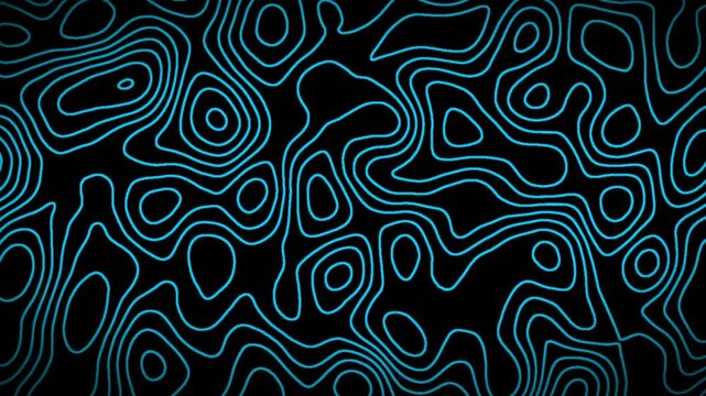
Seamless 4K loop of abstract topographic contour map with smooth wave motion. Shiny black texture on dark background, featuring moving terrain lines. blue add depth to the animated digital background