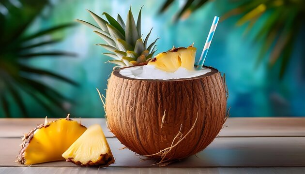  Coconut water with pineapple is served chilled in a coconut shell with a straw for a refres_1(1007)