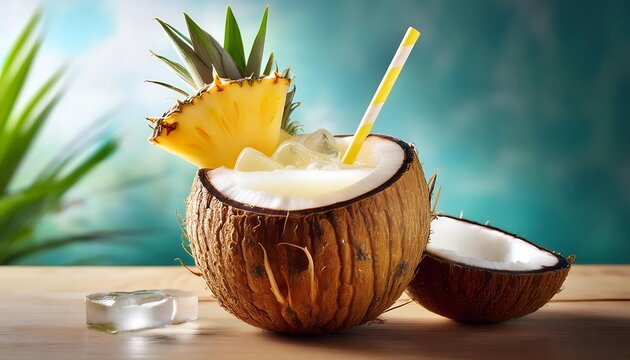 Coconut water with pineapple is served chilled in a coconut shell with a straw for a refres_1(1009)