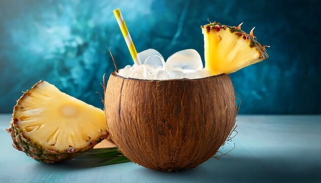  Coconut water with pineapple is served chilled in a coconut shell with a straw for a refres_1(1008)