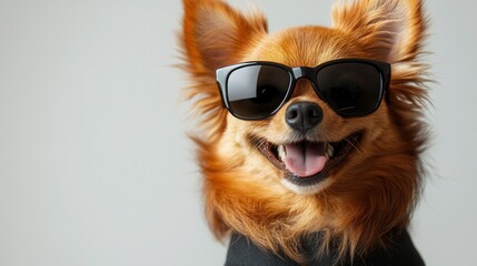 A joyful dog in a classic black suit and sunglasses poses against a white background, radiating happiness and charm