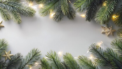  Christmas scene featuring pine branches and twinkling lights set against a crisp light gray_1(985)