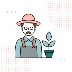A man in a blue shirt and hat is holding a plant in a pot. The image has a playful and whimsical feel to it, as the man is wearing a hat and glasses, and the plant is in a pot