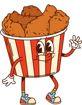 Naklejki Cartoon bucket of fried chicken groovy fast food character in hippie sneakers. Isolated vector funky striped smiling box with crispy chicken drumsticks waving hand, bringing y2k vibe to kids menu