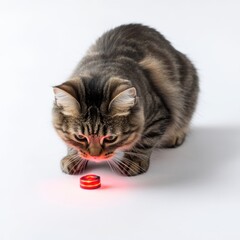 Curious cat interacting with automatic laser toy indoors on a white background