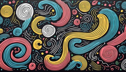  Black squiggly lines and colorful shapes are drawn freehand in a playful, childlike style o_1(916)