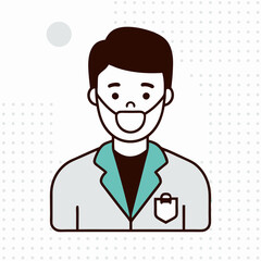 A man wearing a white lab coat and a green jacket with a mask on his face. The man is smiling and he is happy